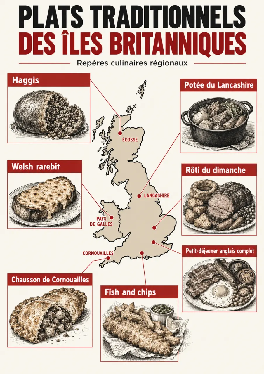 Infographie éditoriale sur les plats traditionnels anglais et britanniques par région