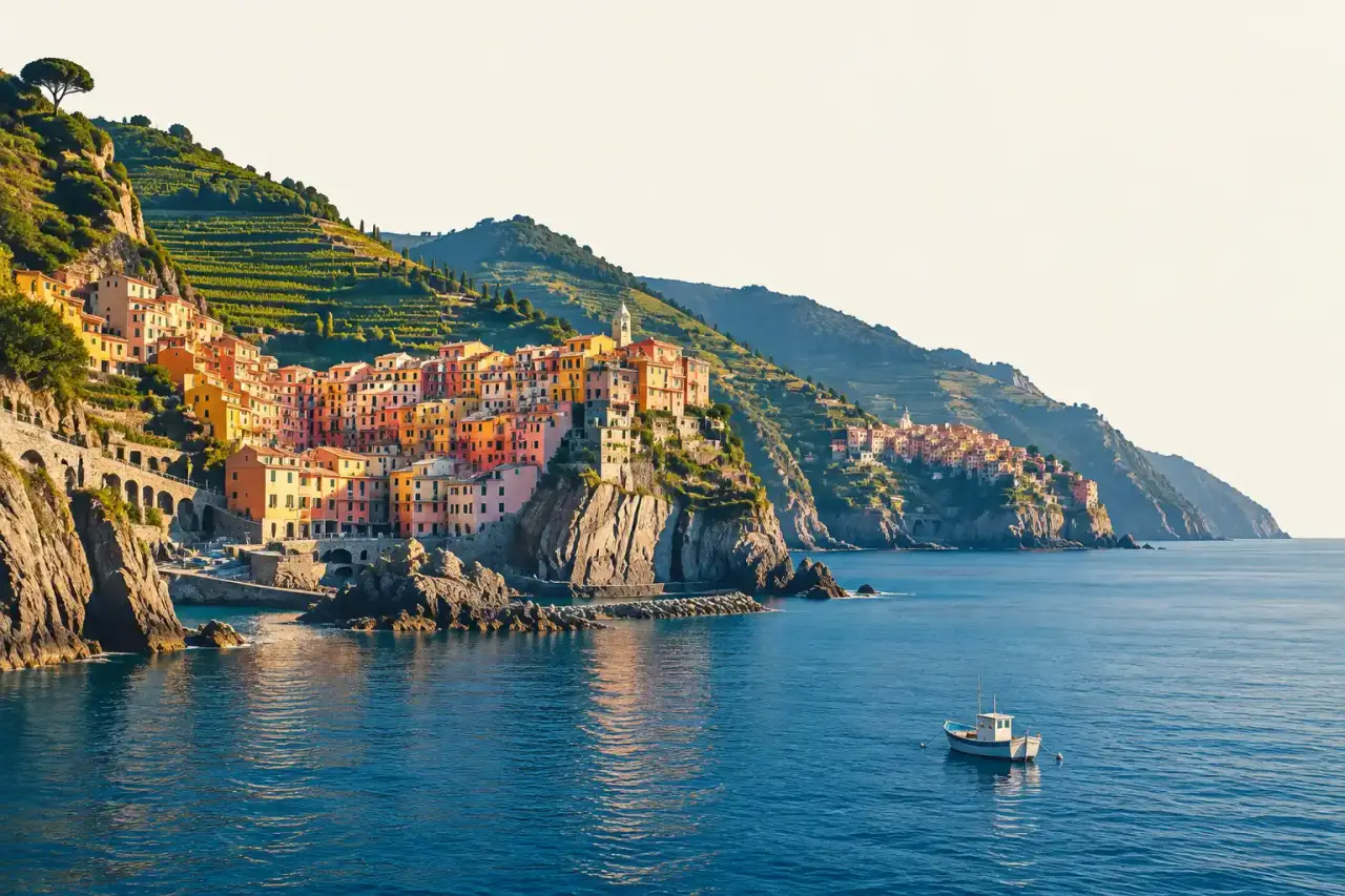 Les 4 terres en Italie : panorama des villages colorés des Cinque Terre depuis la mer