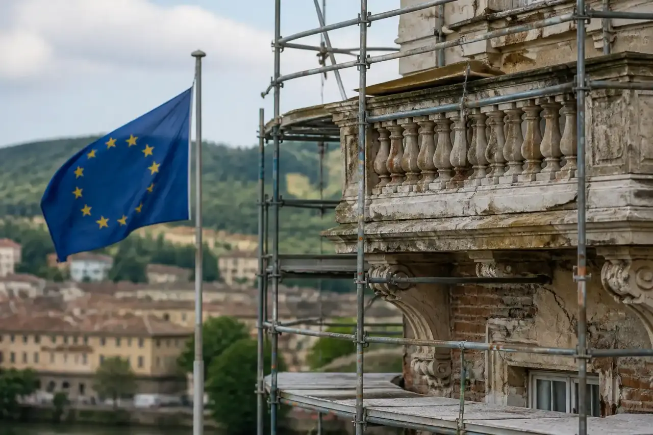 Vue spectaculaire d'un monument historique en restauration au lever du jour