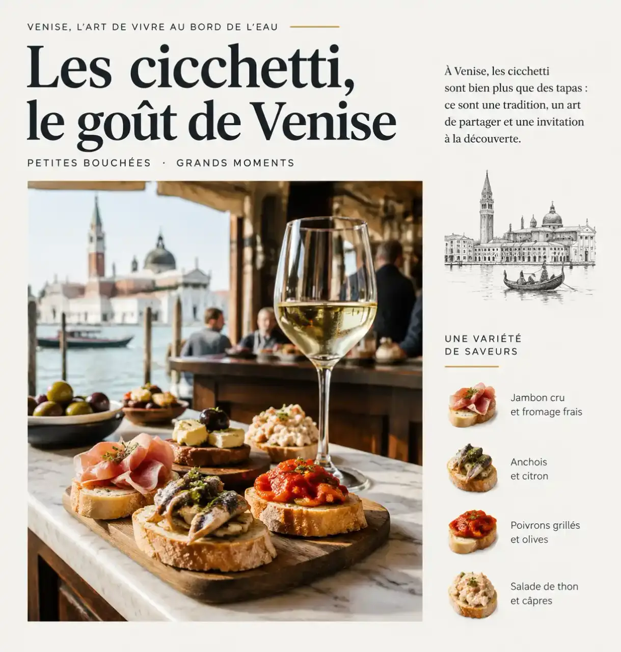 Cicchetti vénitiens au comptoir d'un bar, une façon de manger en Italie sur le pouce