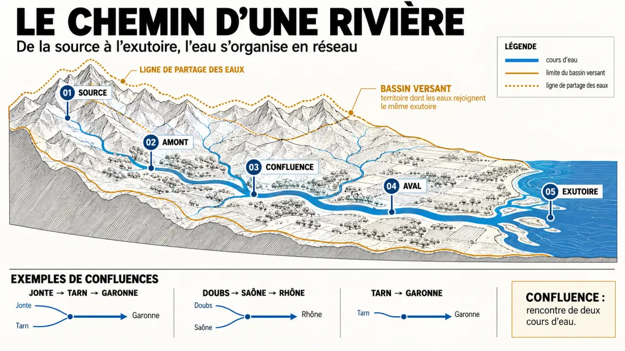 Infographie pédagogique sur les rivières de France, le bassin versant et le parcours de la source à l'embouchure