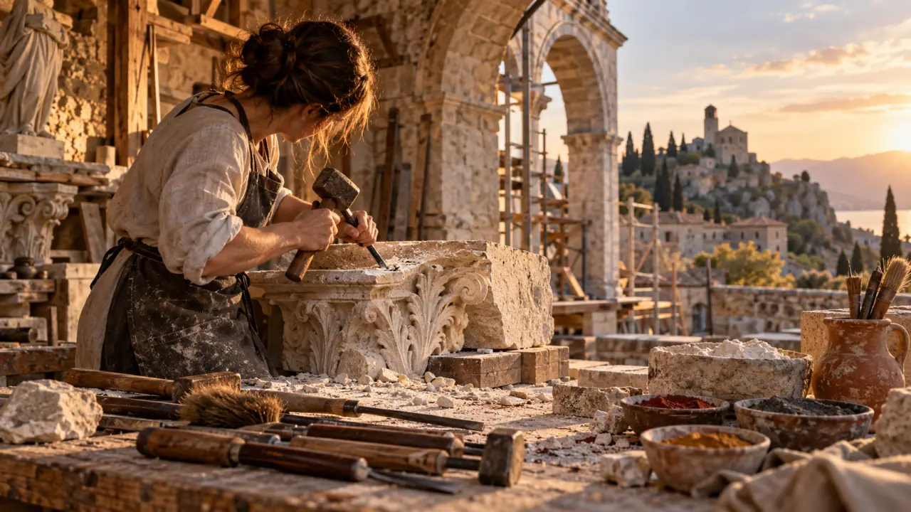 Artisans travaillant à la restauration d'un bâtiment ancien avec des matériaux et des techniques traditionnels