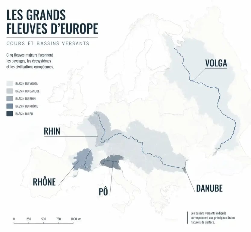 Carte des principaux fleuves européens et de leurs bassins versants
