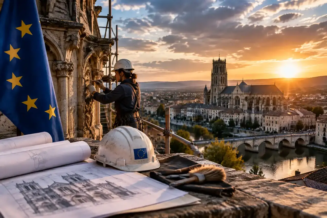 Monument historique européen en cours de restauration au lever du jour