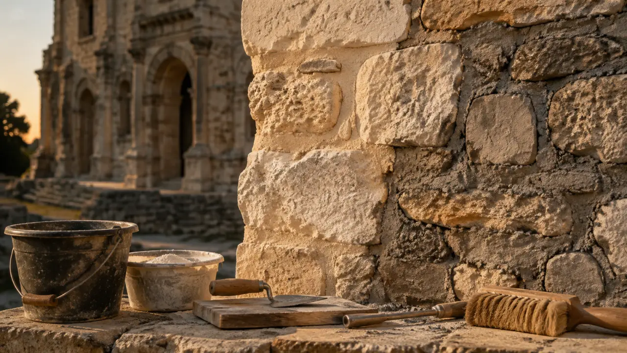 Chantier de restauration patrimoniale mettant en valeur les matériaux minéraux traditionnels