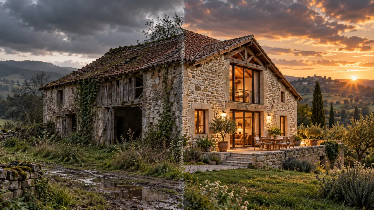 Grange ancienne restaurée transformée en gîte patrimonial dans un paysage rural européen