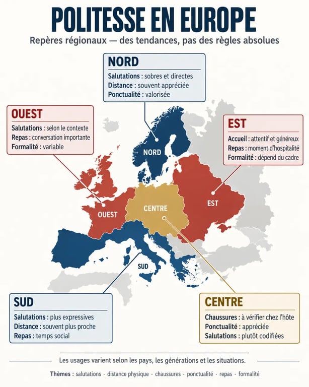 Quelles sont les différences de coutumes de politesse selon les régions d’Europe : comparaison des salutations, chaussures, ponctualité et repas