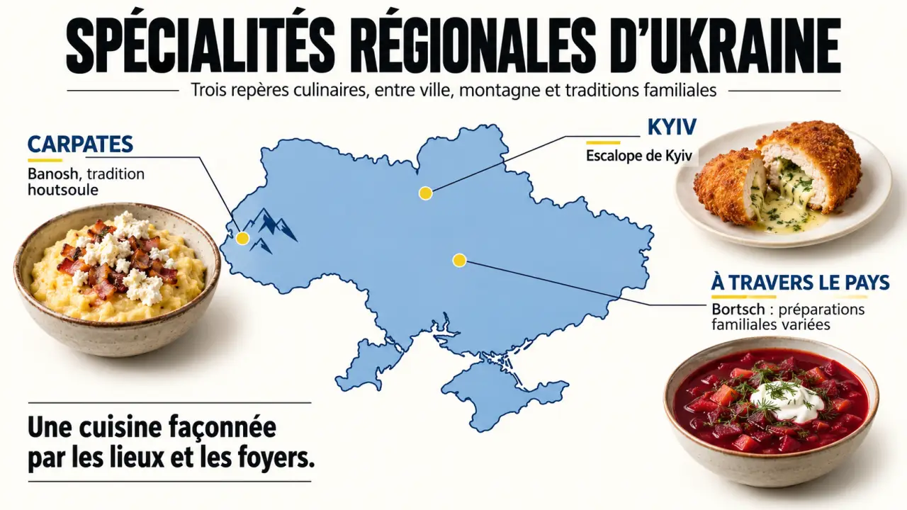 Infographie des spécialités régionales parmi les plats ukrainiens, de Kyiv aux Carpates