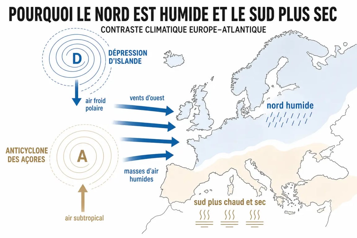 Pourquoi le climat varie t il autant entre les regions d Europe du nord et du sud : schéma des vents d’ouest, de l’anticyclone des Açores et de la dépression d’Islande