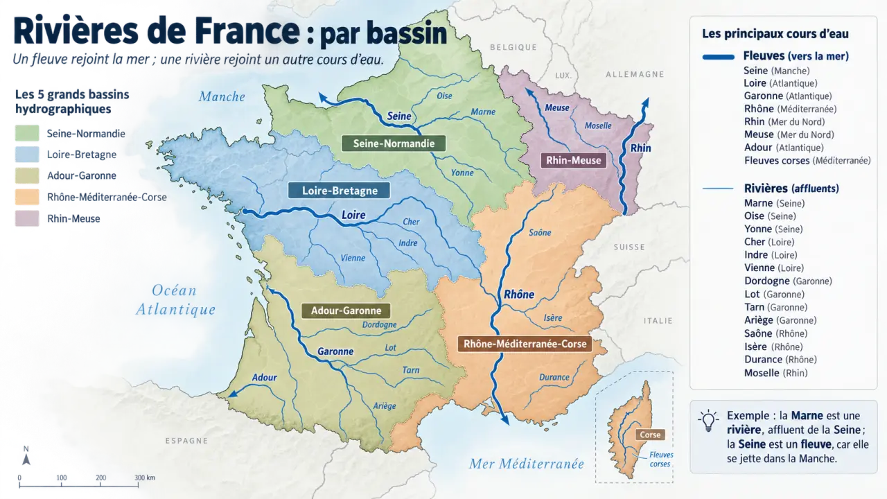 Rivières de France : les situer par bassin, sans les confondre avec les fleuves