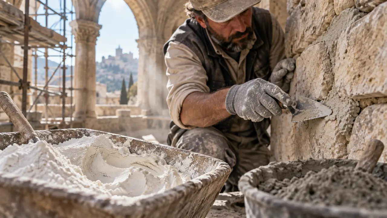 Artisan préparant un mortier de chaux pour restaurer un mur ancien