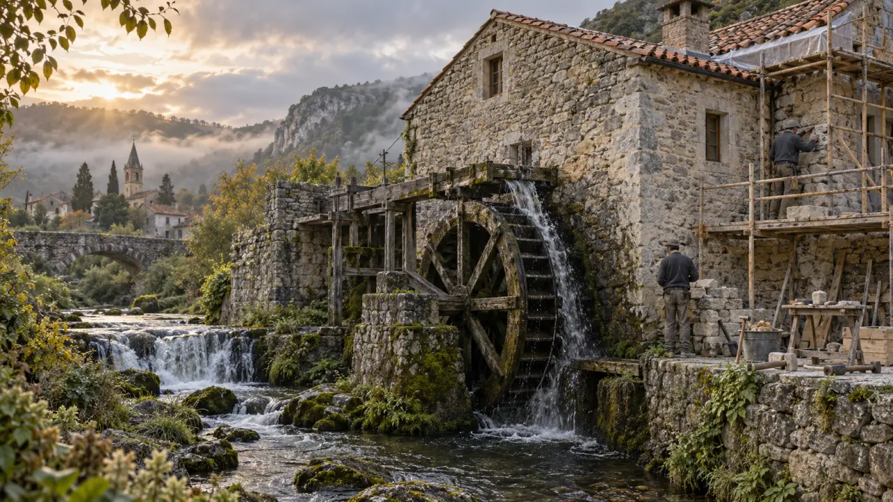 Moulin ancien en pierre au bord d'une rivière, dans un paysage européen