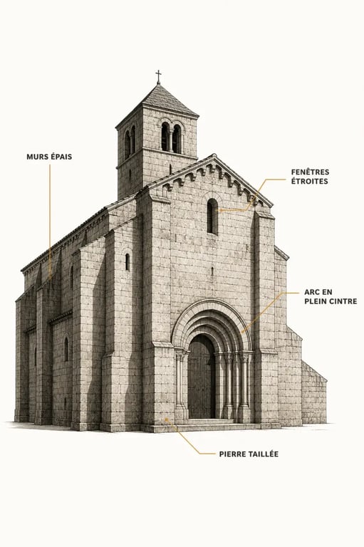 Architecture romane d’une abbaye médiévale avec murs épais et arc en plein cintre