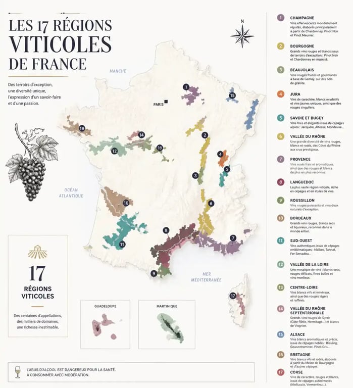 Carte des régions vinicoles de France illustrant la diversité des terroirs