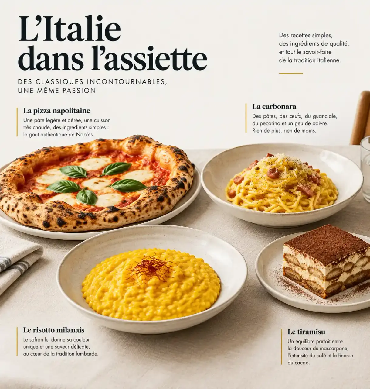 Que manger en Italie : pizza napolitaine, carbonara, risotto milanais et tiramisu sur une table italienne