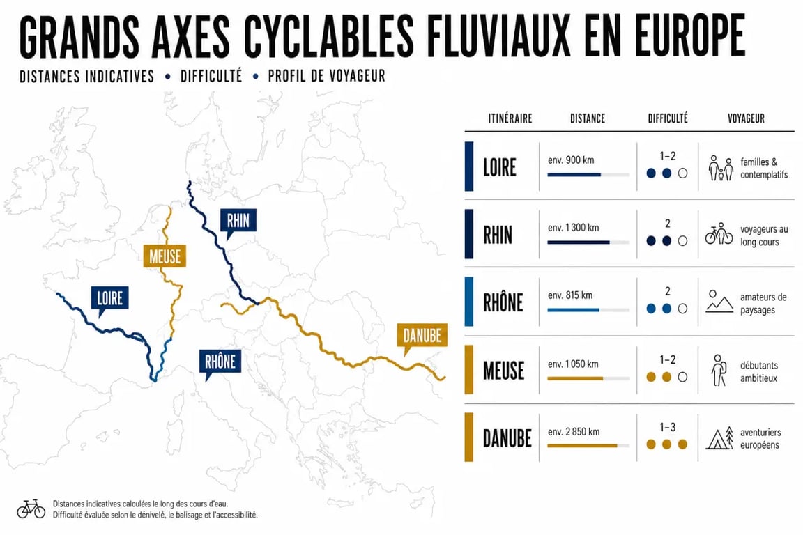 Guide complet sur le cyclotourisme le long des fleuves regionaux d'Europe : comparaison visuelle des grands itinéraires fluviaux
