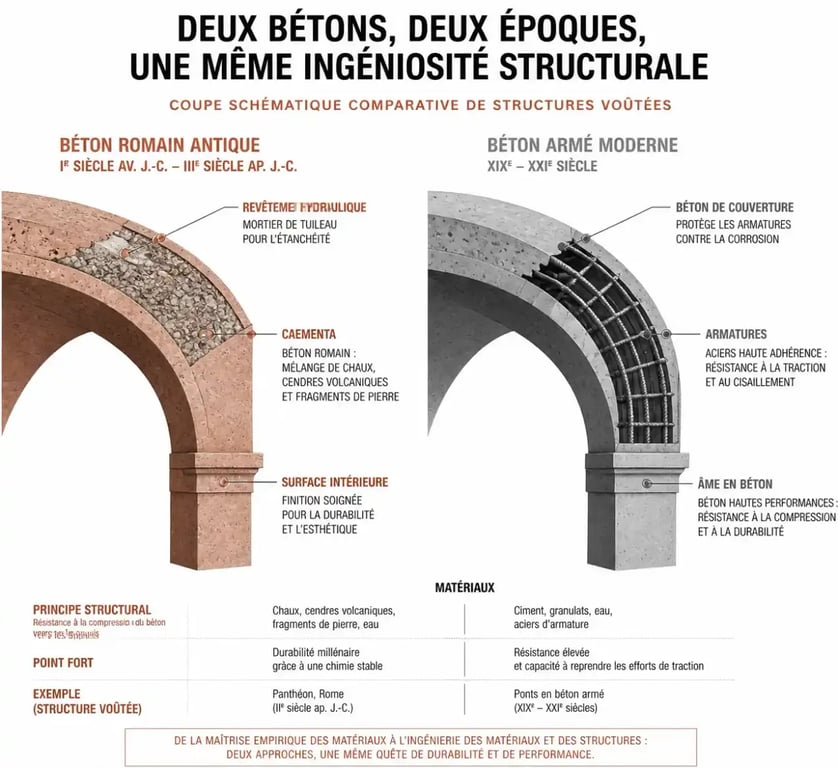 Coupe comparative béton romain et béton moderne montrant la structure interne