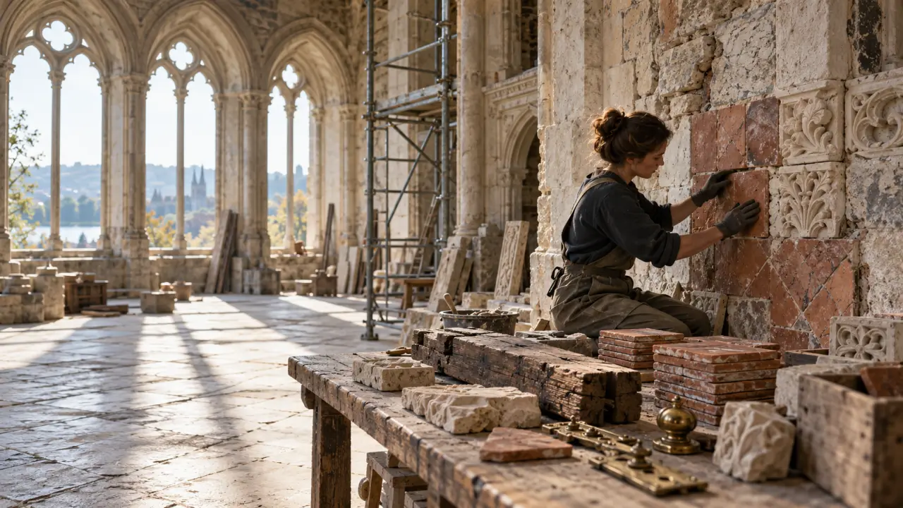 Monument historique européen restauré avec des matériaux anciens réemployés