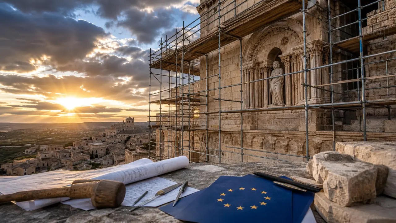Monument historique européen au lever du jour, évoquant un projet de restauration financé par l'Union européenne