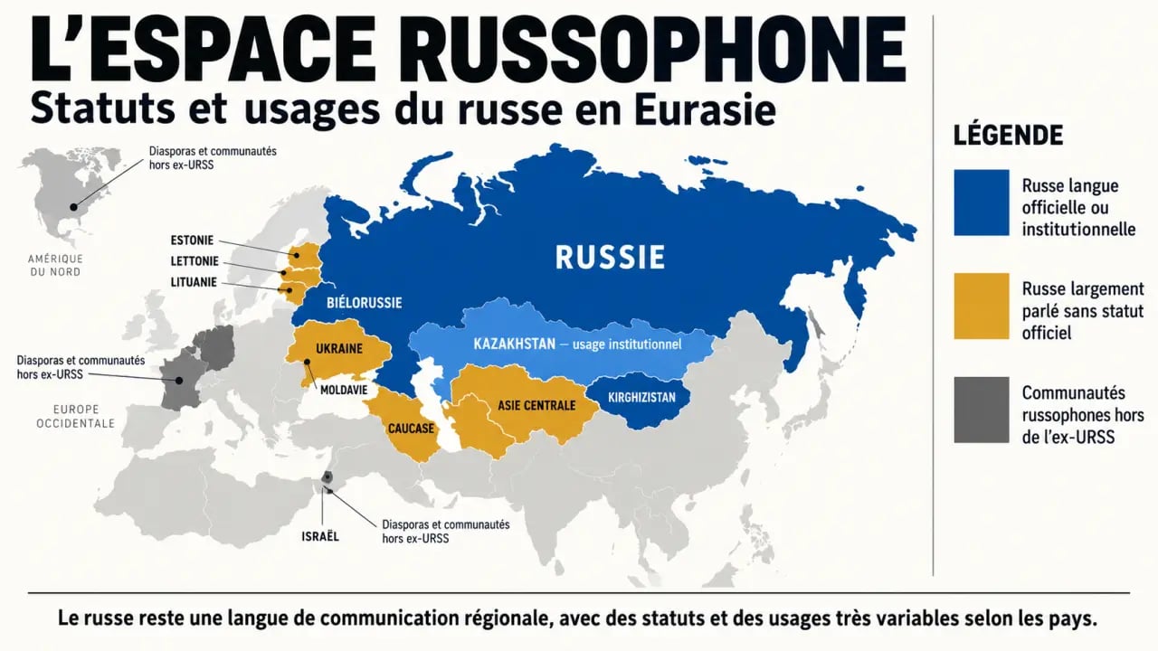 Infographie sur les pays russophones et les différents statuts du russe