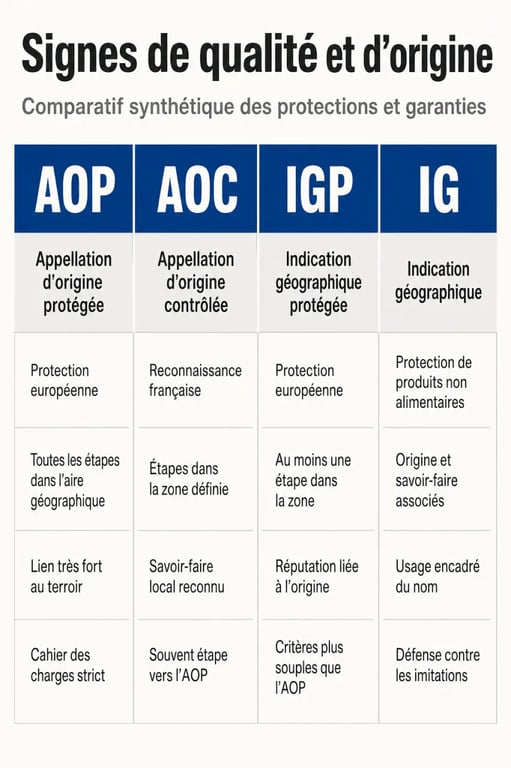 Comment fonctionne le systeme des appellations d origine regionales en europe : schéma comparatif entre AOP, AOC, IGP et IG