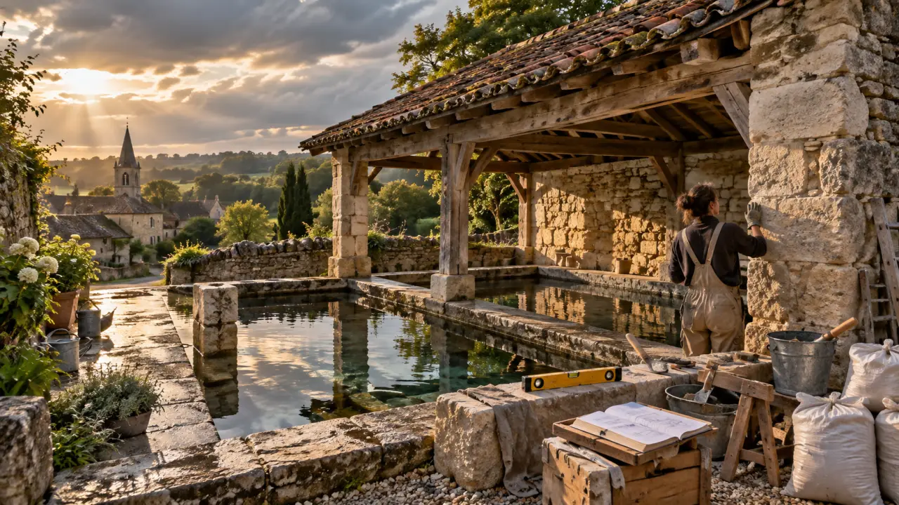 Lavoir rural ancien en pierre au cœur d'un village européen