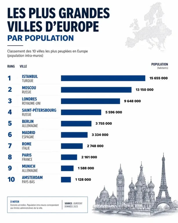 Infographie du classement des plus grandes villes d'Europe par population