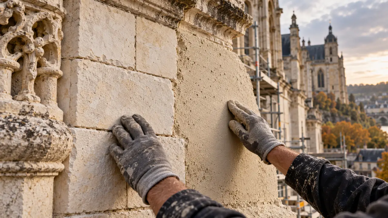 Mur ancien restauré associant pierre de taille et béton de chaux