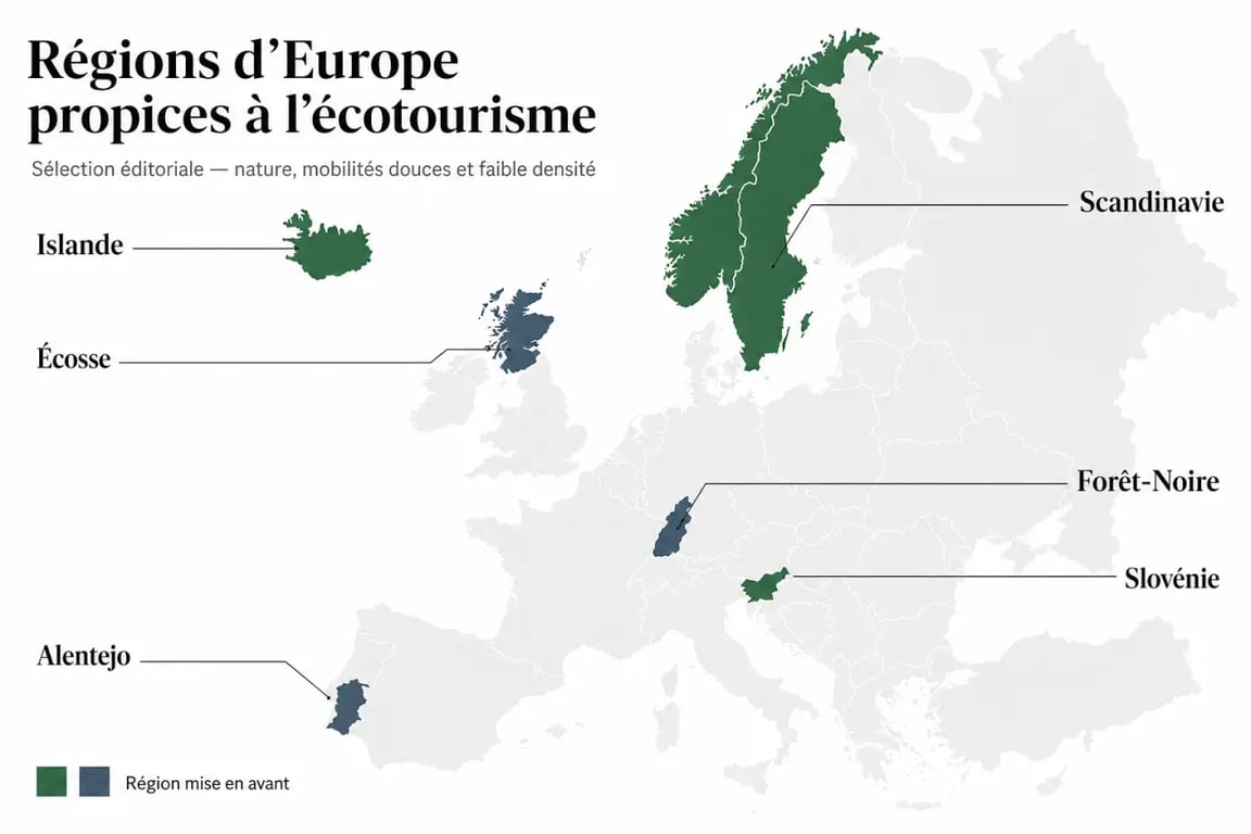 Quelles sont les régions d'Europe les plus propices à l'écotourisme : carte comparative de la Slovénie, de la Scandinavie, de l'Écosse, de l'Islande, de l'Alentejo et de la Forêt-Noire
