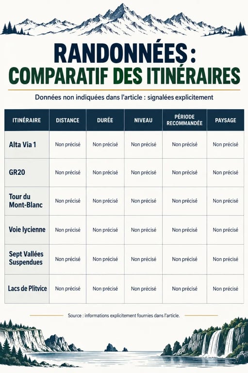 Infographie du comparatif des meilleurs itinéraires de randonnée régionale en Europe du Sud selon la durée, la difficulté et les paysages