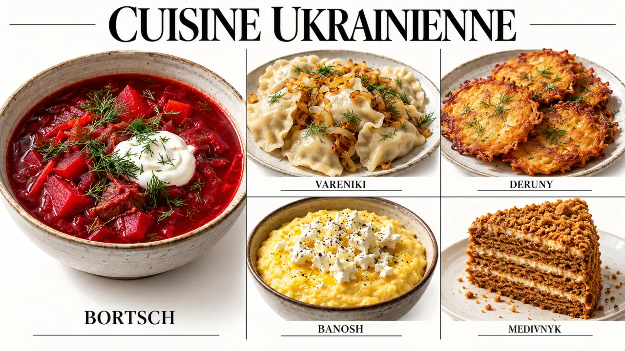Plats ukrainiens emblématiques : bortsch, vareniki, deruny, banosh et medivnyk présentés sur une table