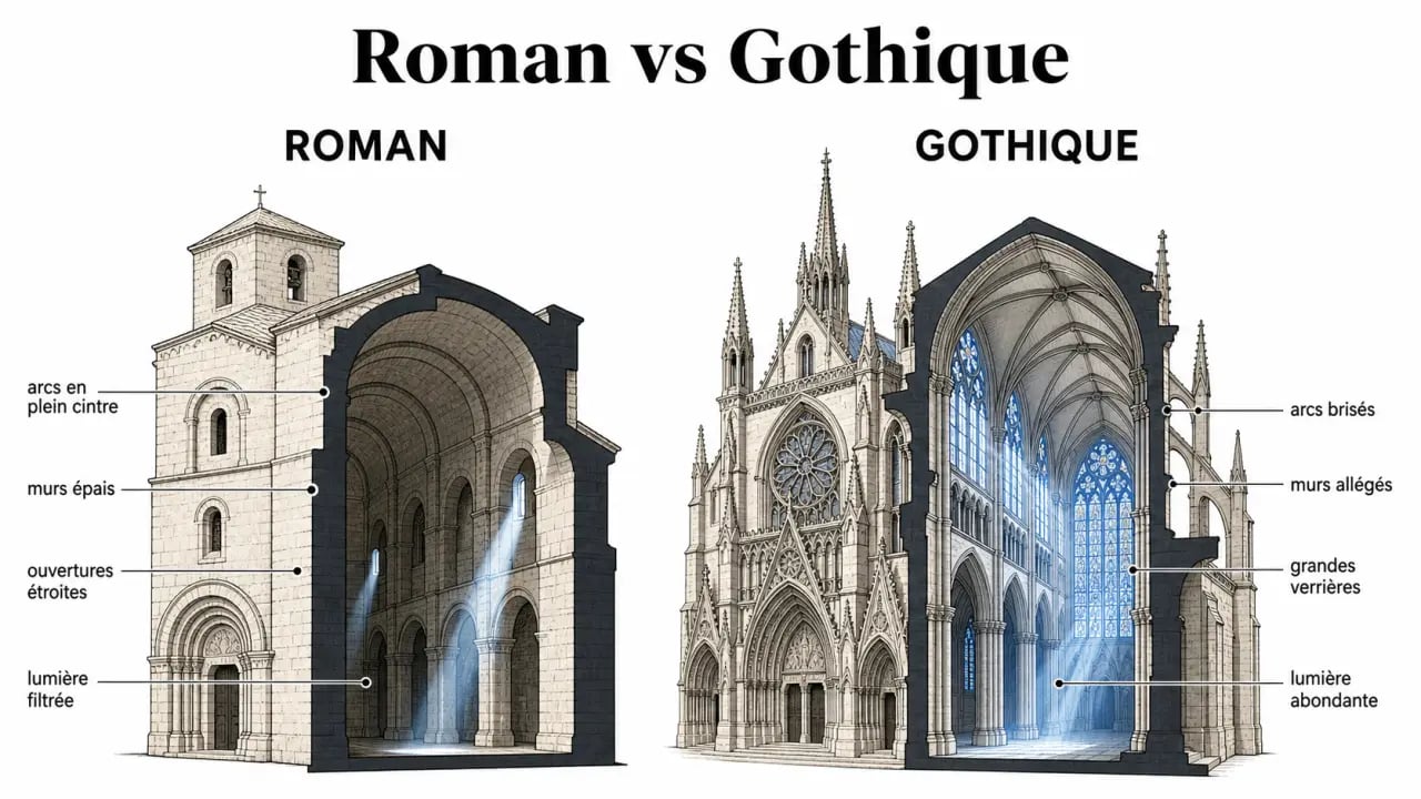 Architecture romane comparée au gothique : arcs en plein cintre, murs épais et lumière filtrée