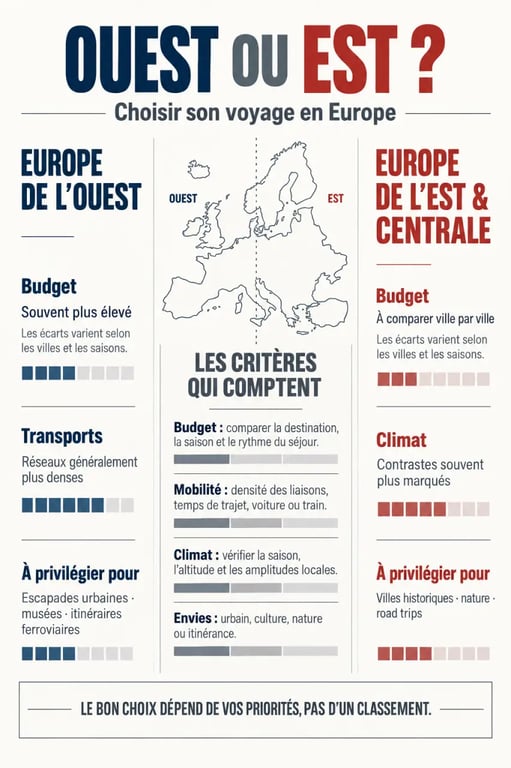 Infographie pour comprendre comment choisir entre un voyage en Europe de l’Ouest ou en Europe de l’Est selon le budget, le climat, les transports et les expériences