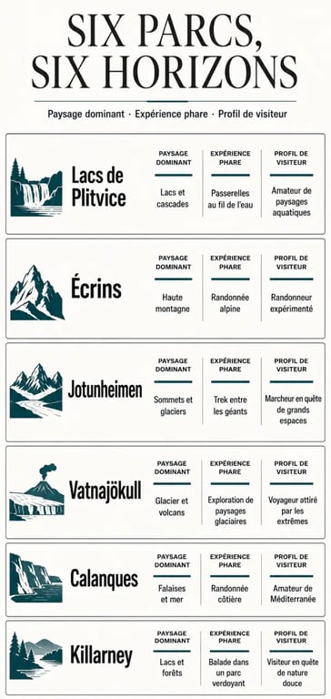 Infographie comparative des plus beaux parcs naturels régionaux en Europe selon les paysages et le niveau d’effort