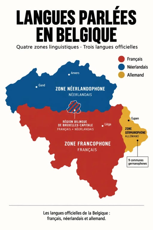 Infographie sur les langues parlées en Belgique et les quatre zones linguistiques