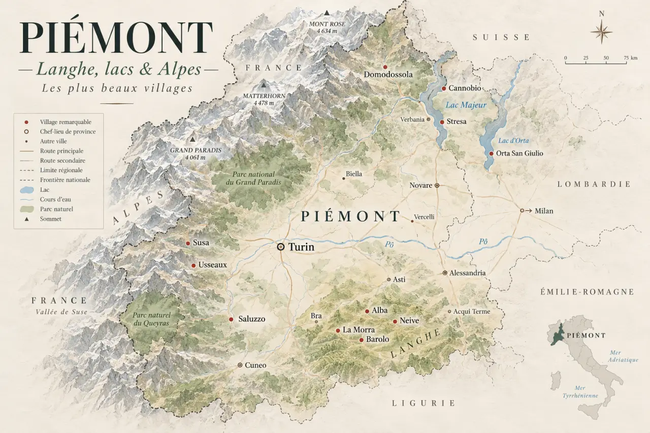 Quelle carte pour les plus beaux villages du Piémont : Langhe, lacs et Alpes ?