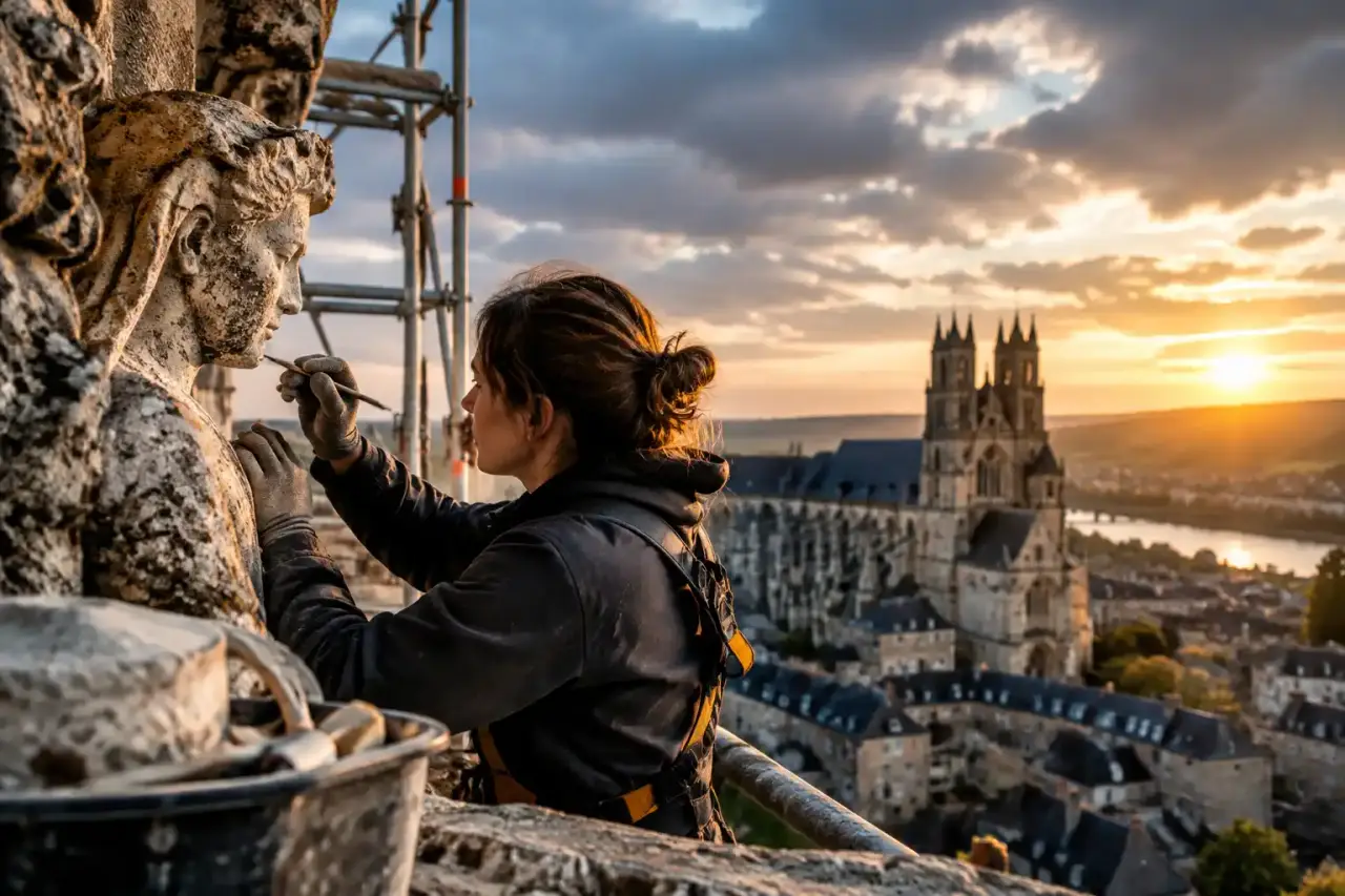 Monument historique européen en cours de restauration à la lumière dorée