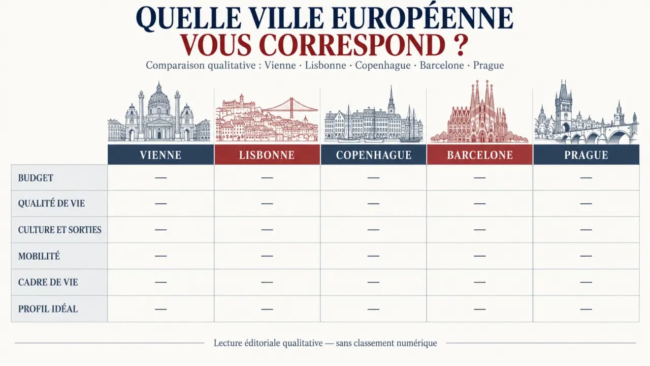 Infographie comparative pour choisir la meilleure ville en Europe selon le budget, la qualité de vie et le style de séjour