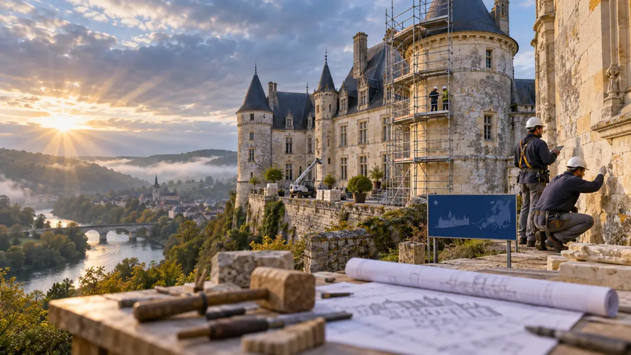 Château historique européen à l'aube, dans un paysage culturel préservé