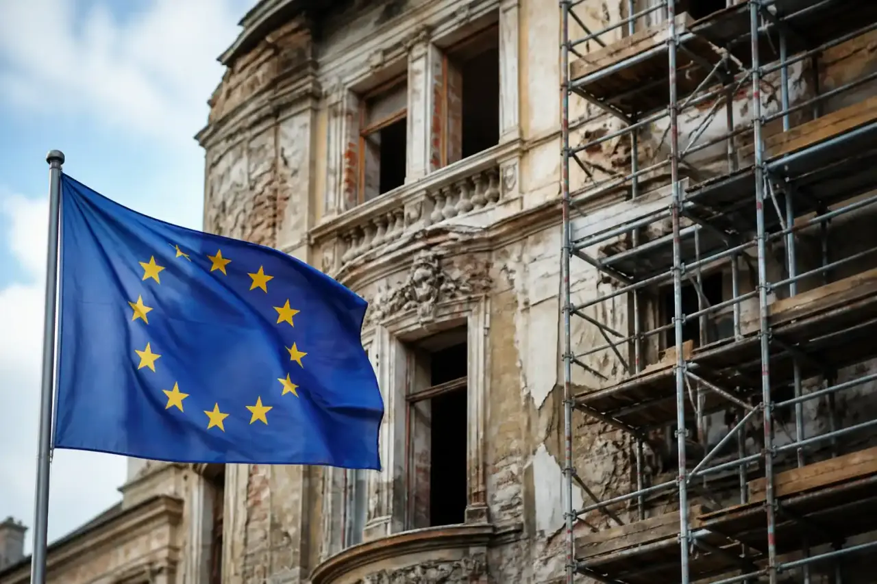 Château historique européen au lever du jour, lumière dorée et brume légère