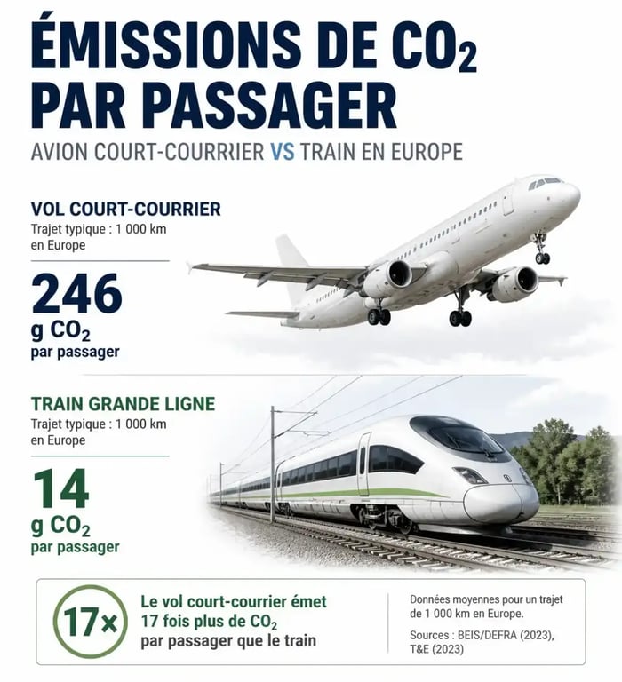 Comparaison des émissions de CO2 entre avion et train pour planifier un voyage écologique en Europe